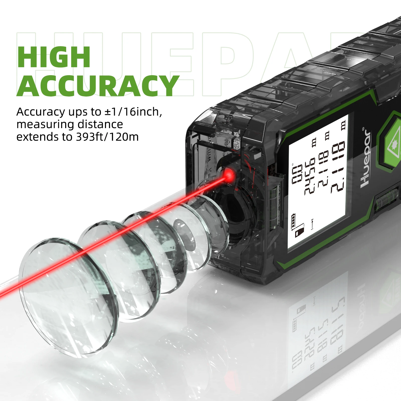Imagem -02 - Huepar Medidor de Distância a Laser Sensor de Volume de Área de Ângulo Elétrico m in ft 100 120m Medida Range Finder com Bateria Recarregável