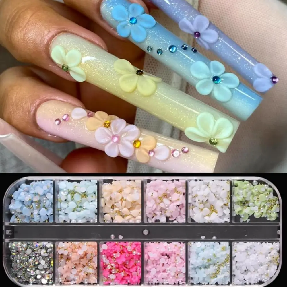 12Grids Macaron PastelFlower Nail Charms 3D Resin Five-Petal Flower Pearl Rhinestone Nail Decoration Kawaii Manicure Accessories