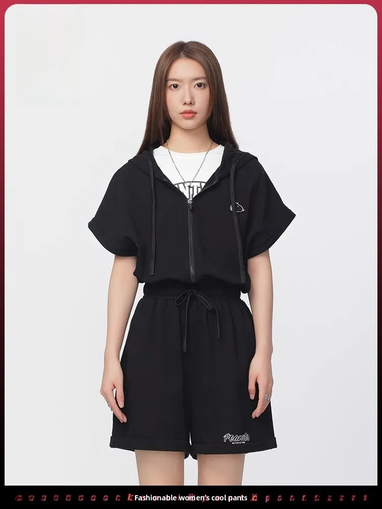 

Fun Casual Spor Hat Jumpsuit Women's Summer New Bla ort Sve Zipper Dstring Waist High Waist Cotton Fabric Jumpsuit