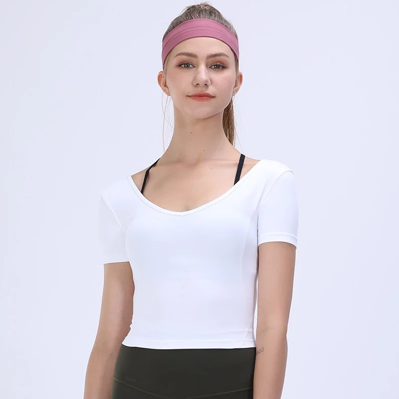 

Yoga Clothes Top Women's Summer Thin V-neck Skin-friendly Breathable Gym Short Sleeved Running Sports T-shirt Backless