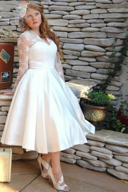 

V-Neck Long Sleeves Wedding Dress Simple White Satin A Line Vintage Tea Length Bridal Gowns Back Lace-up Plus size Garden Robe