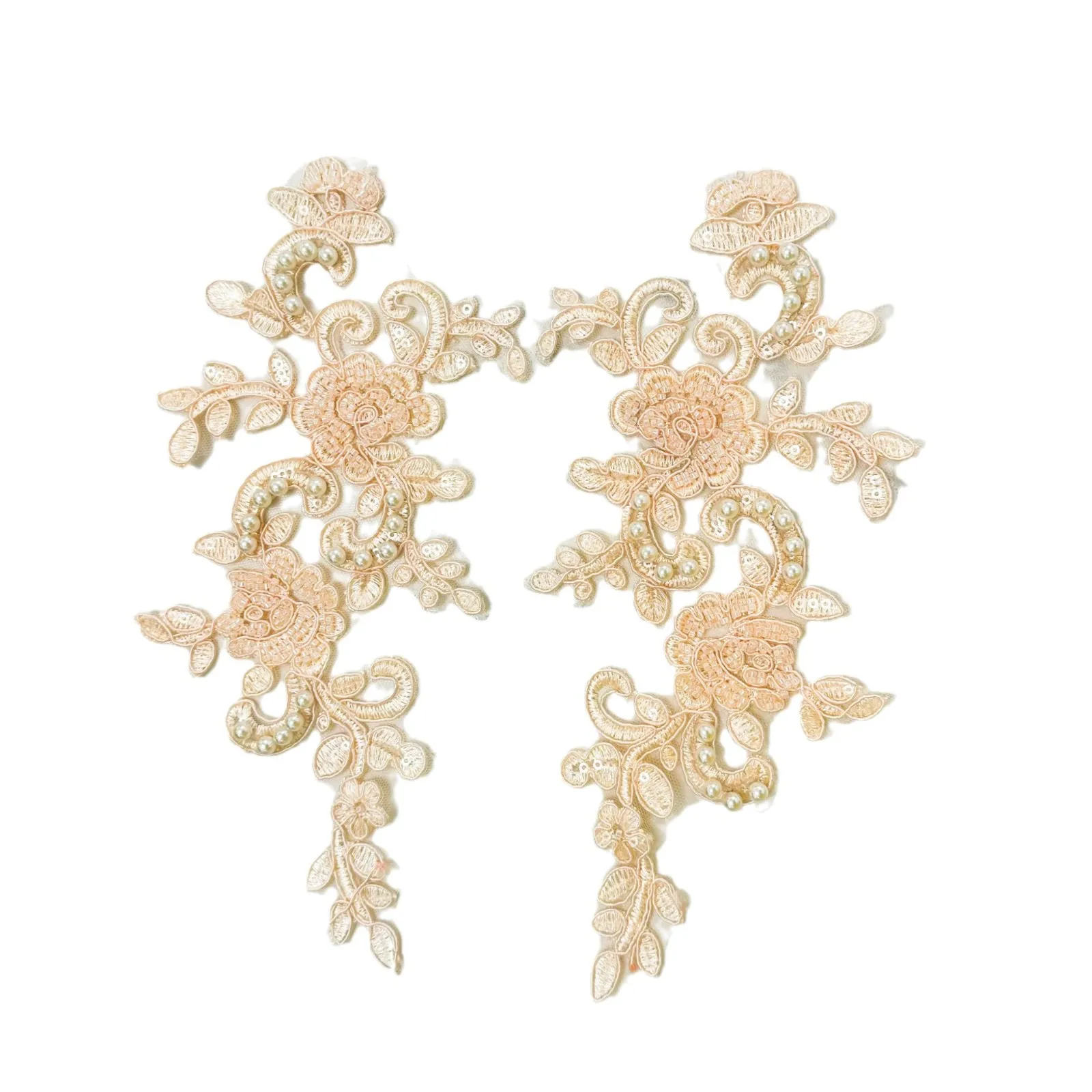 Adorno de encaje bordado de tul, adornos de perlas, patrón combinado, Material aplicado Floral térmico con cuentas pesadas a mano