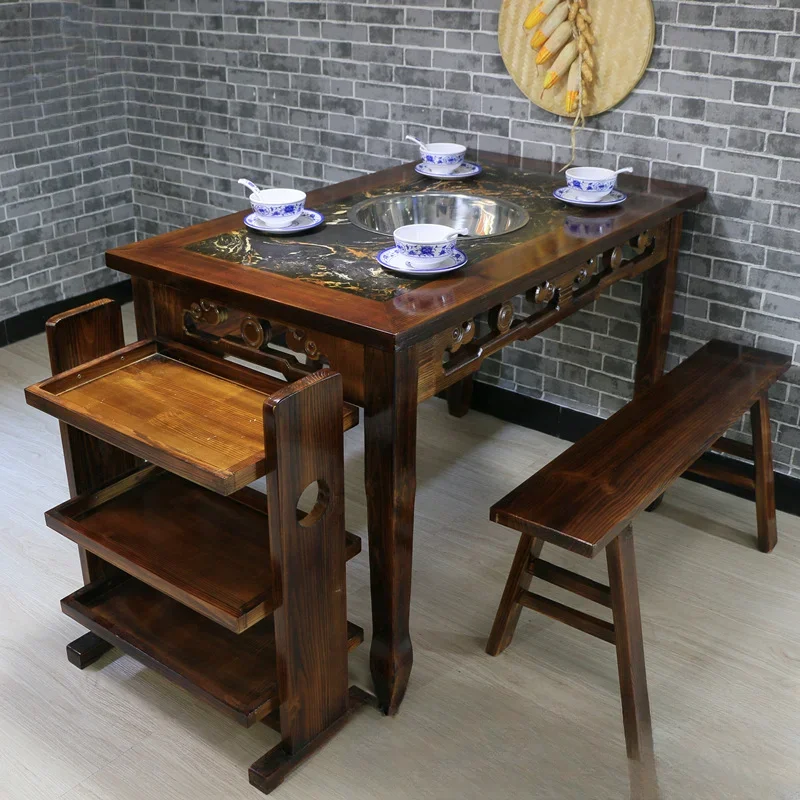 Commercial solid wood hot pot table antique carved induction cooker round table