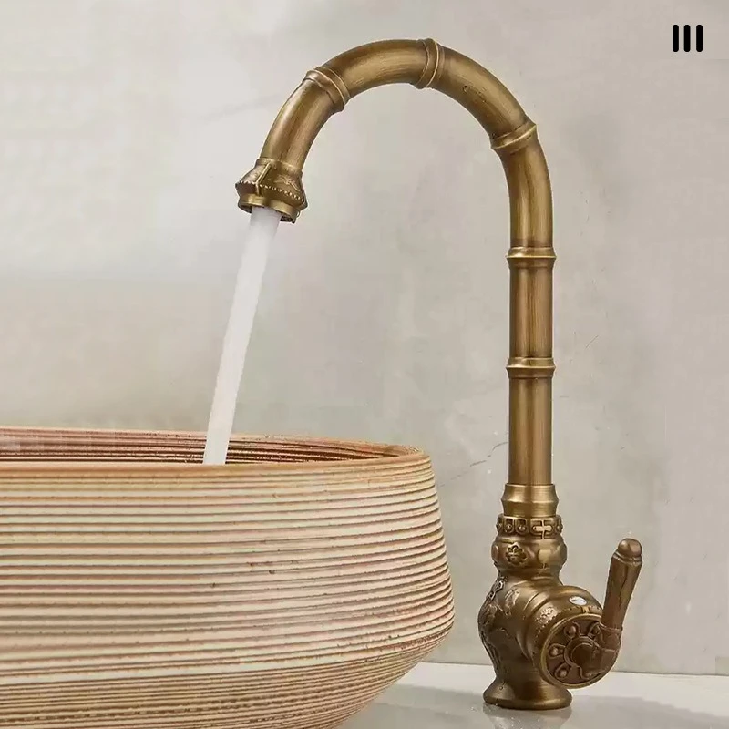 Antique European light luxury carving copper body faucet household kitchen sink wash basin hot and cold rotatable faucet