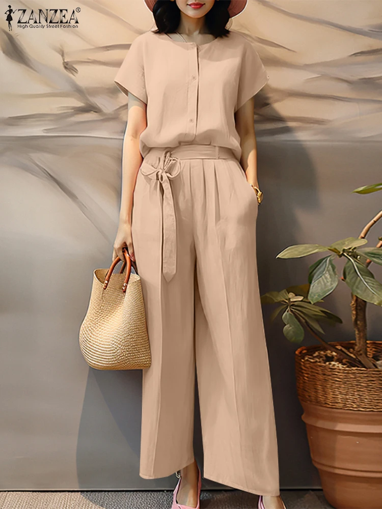 

ZANZEA Woman O-Neck Short Sleeve Tops Pant Sets Tie-Waist Wide Leg Pants Holiday Commute Casual 2PCS Outfits Solid 2 Piece Sets