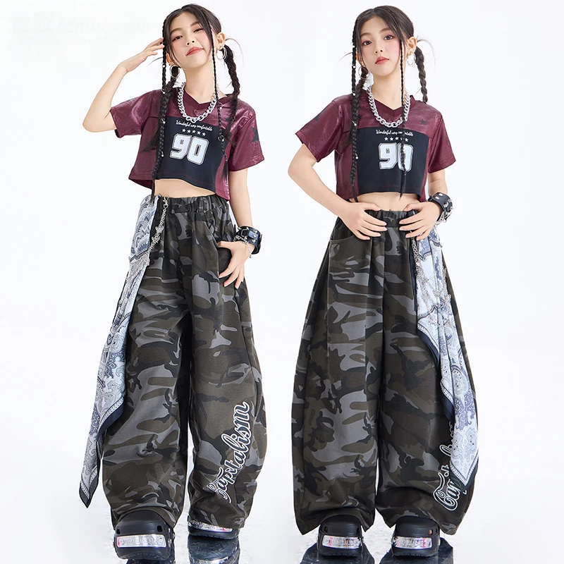 

Girl Jazz Dance Clothes Kid Kpop Performance Clothing Short Sleeve Crop Top Camouflage Pants Hip Hop Street Dance Outfit AMY3663