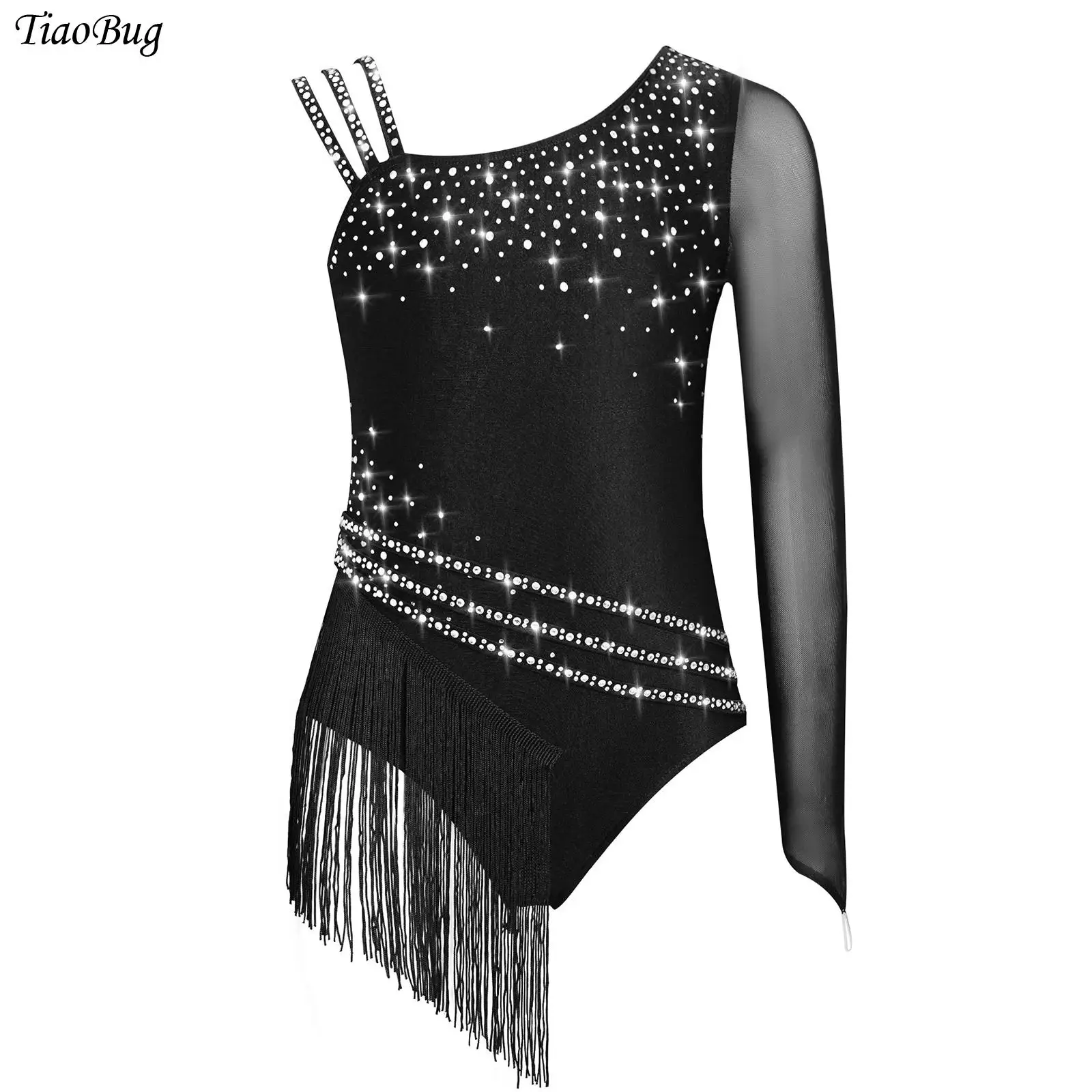 

Kids Girls Irregular Tassel Figure Skating Gymnastics Leotard Glittery Rhinestones Fringe Bodysuit for Ballet Dance Performance
