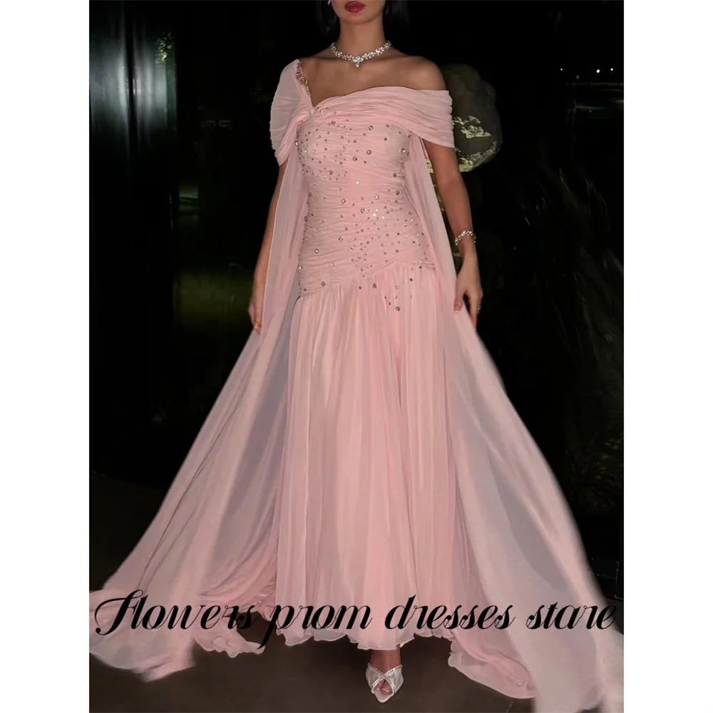

Flowers Blush Pink Prom Dresses Off the Shoulder Chiffon Evening Dresses with Crystal Party Dresses Robe De Soirée Customized