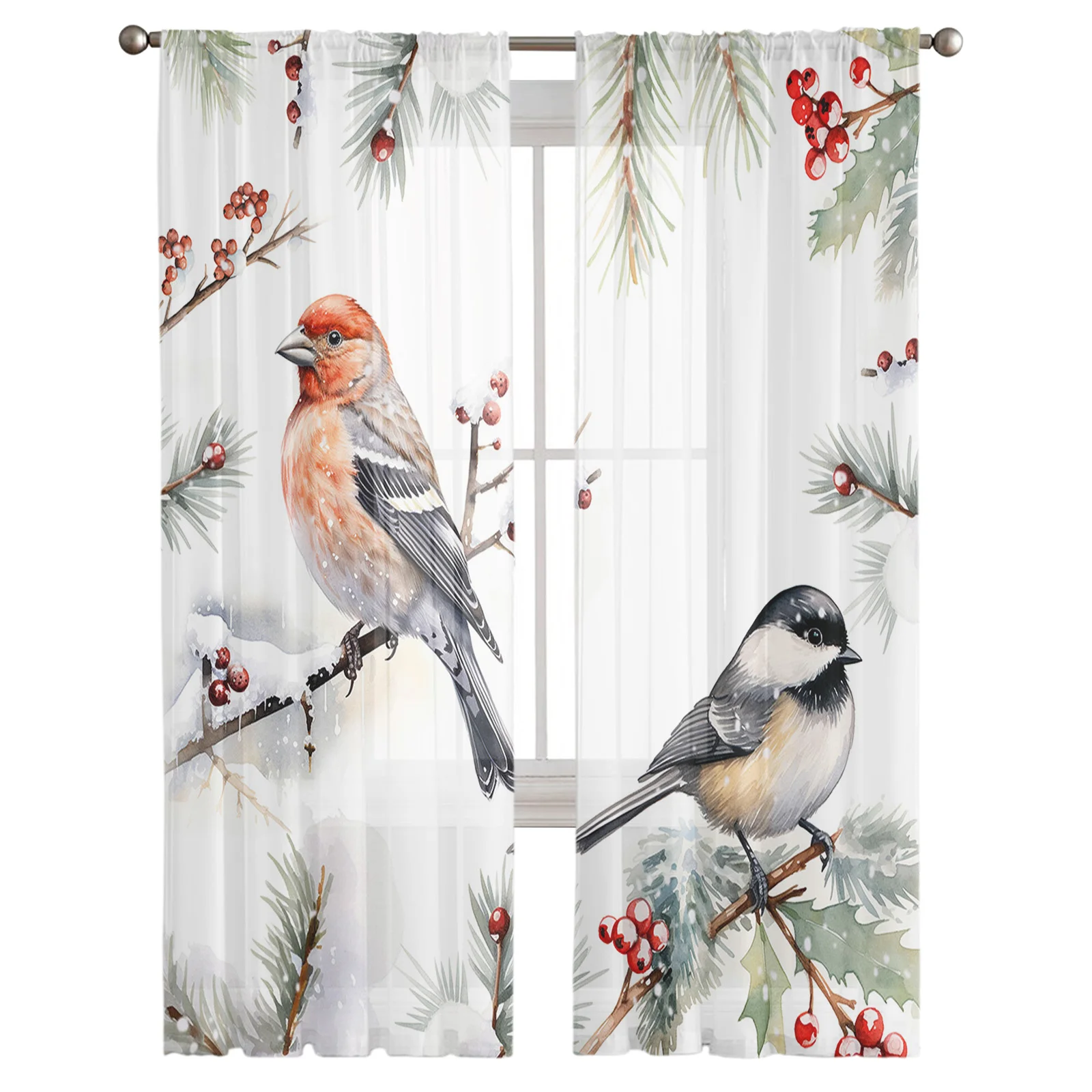 Christmas Winter Mockingbird Berry Pine Leaf Sheer Curtains Living Room Bedroom Tulle Curtain Kitchen Home Decor Window Drapes