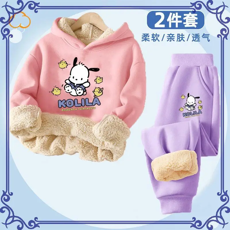 حار سانريو فتاة Scasualweatsuit Pochacco Kawaii أنيمي الشتاء طالب Keepwarm 2 قطعة مجموعة مريحة سماعة ملابس الأطفال جديد #2