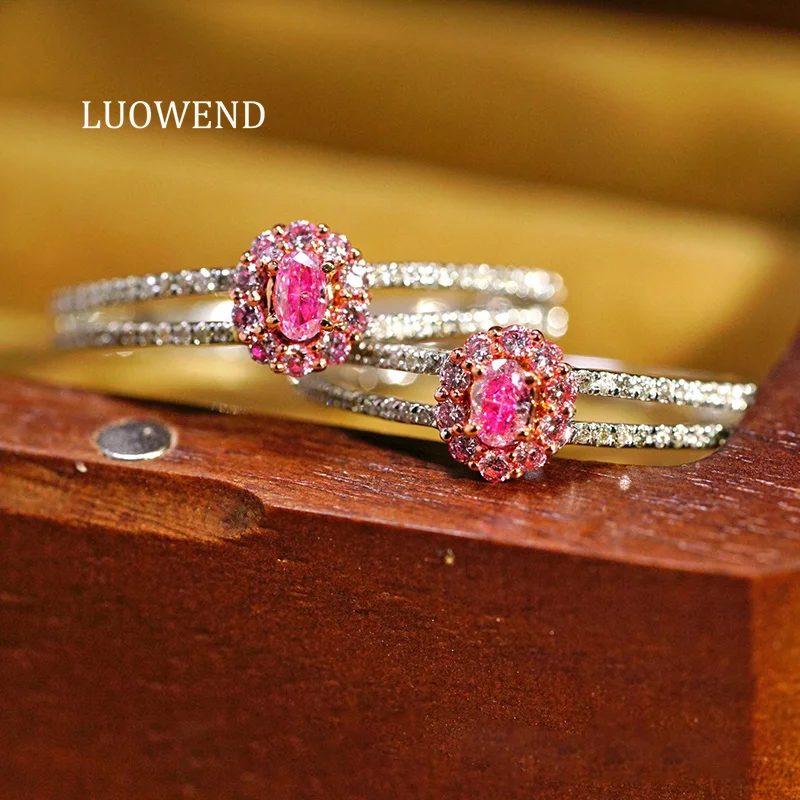 

LUOWEND 100% 18K White Gold Rings Luxury Real Natural Pink Diamond Engagement Ring for Women Fashion INS Style High Jewelry