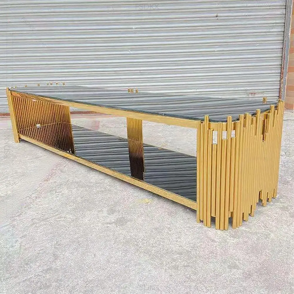 FSDKX Luxury Wedding Banquet Table with Gold Stainless Steel Base and Tempered Glass Top for Restaurants & Hotels