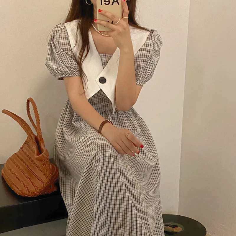 レトロチェック柄バブルスリーブ半袖マキシドレス女性のウエスト締め痩身夏 2023 新スタイル韓国 V ネックドレス