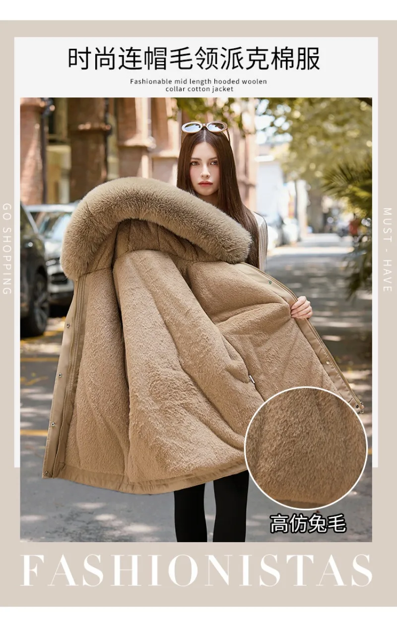 2026 Winter Jacket New Women Parka Clothes Mid Length Coat Wool Liner Hooded Jacket Fur Collar Thick Warm Snow Wear Padded Parka