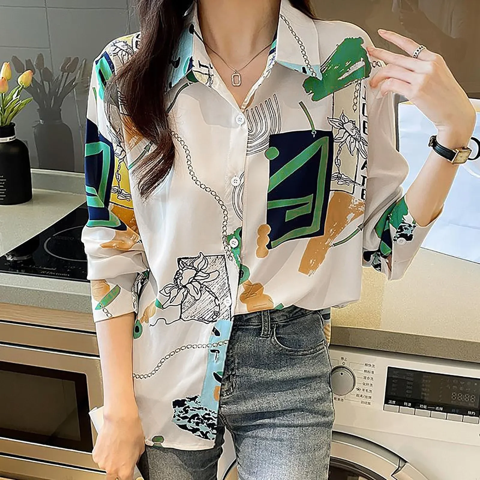 

Fashion Printed Designer Collared Shirt Women'S 2023 Autumn New Versatile Chiffon Long Sleeve Women Office Ladies Tops Tunics