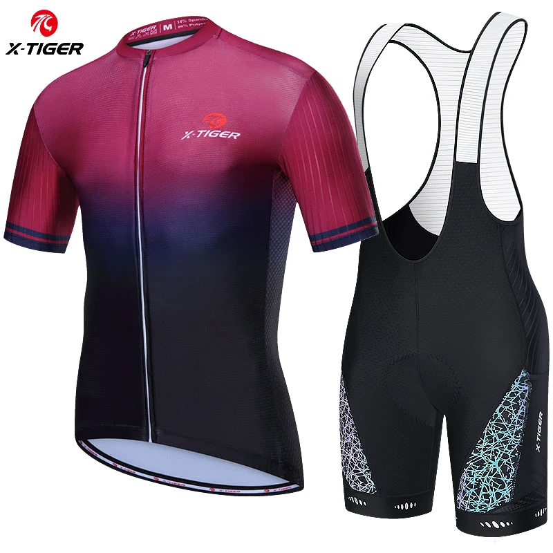 X-TIGER Men's Cycling Jersey Set Road Bike Jersey Zipper Pocket Bib Shorts Reflective Quick-Dry Breathable Biking Clothing Set