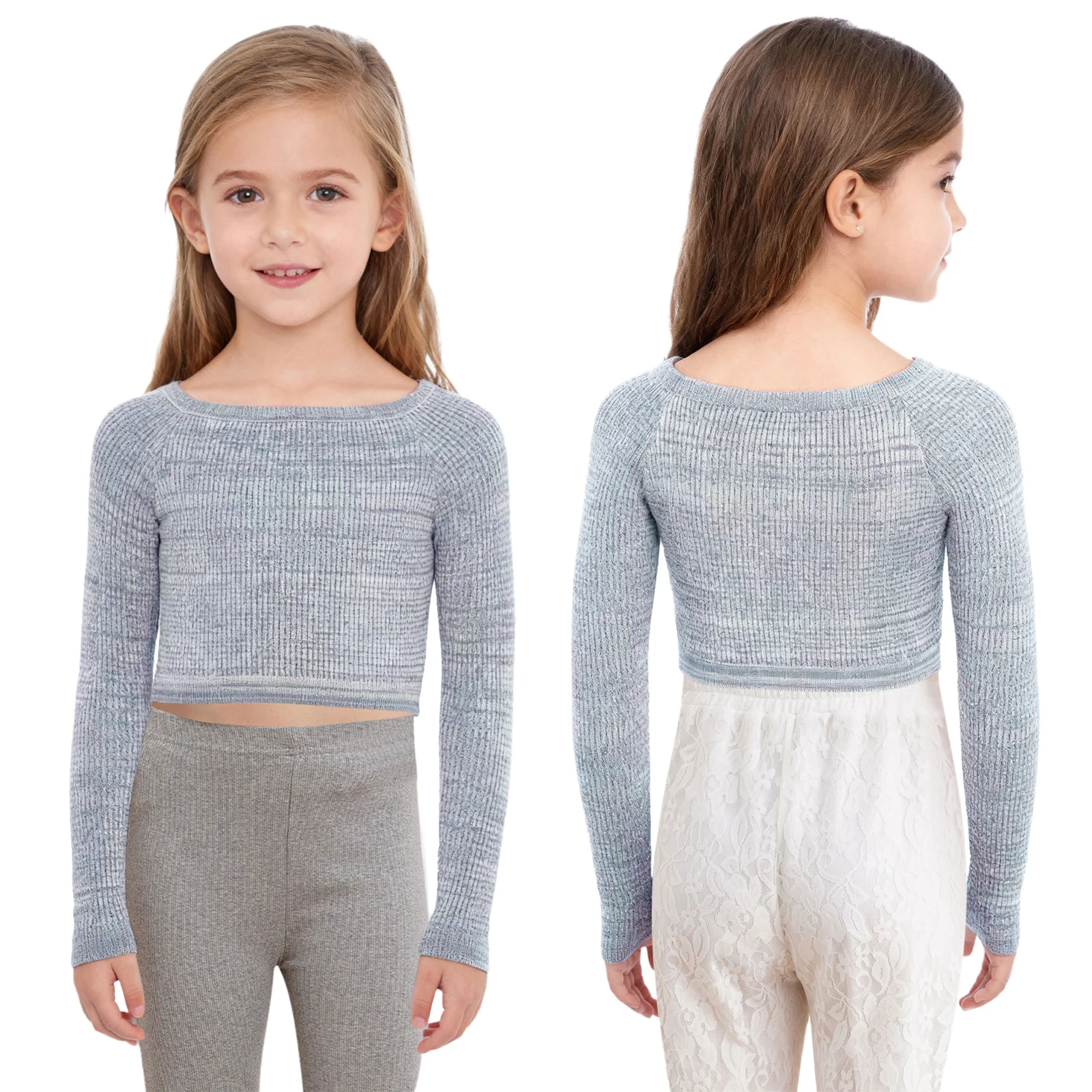 Kids Girl Rhythmic Gymnastics Dance Training Knitted Tops Ballet Practice Warm Up Costume Boat Neck Long Sleeve Sweater Crop Top