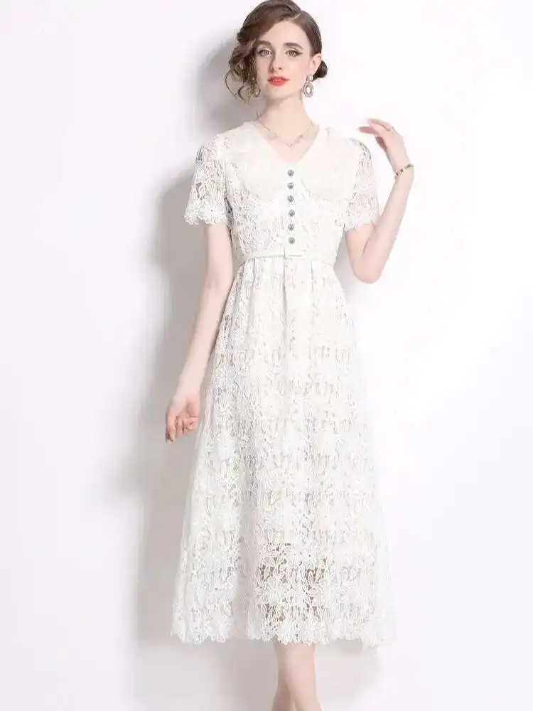 Summer Holiday Flower Embroidery Lace Dress Women Water Soluble Hook V Neck Diamonds Buttons Belt Evening Wedding Party Sundress