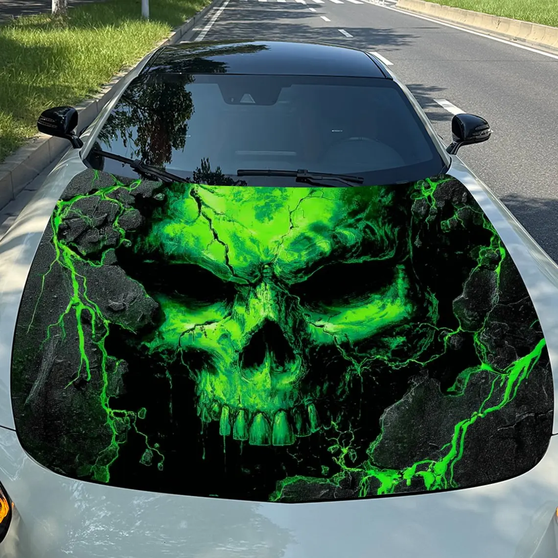 

Виниловая пленка для автомобиля Dark Domain с зеленым черепом, водонепроницаемая наклейка на капот автомобиля из материала ПВХ, самоклеящиеся устойчивые к царапинам наклейки для E