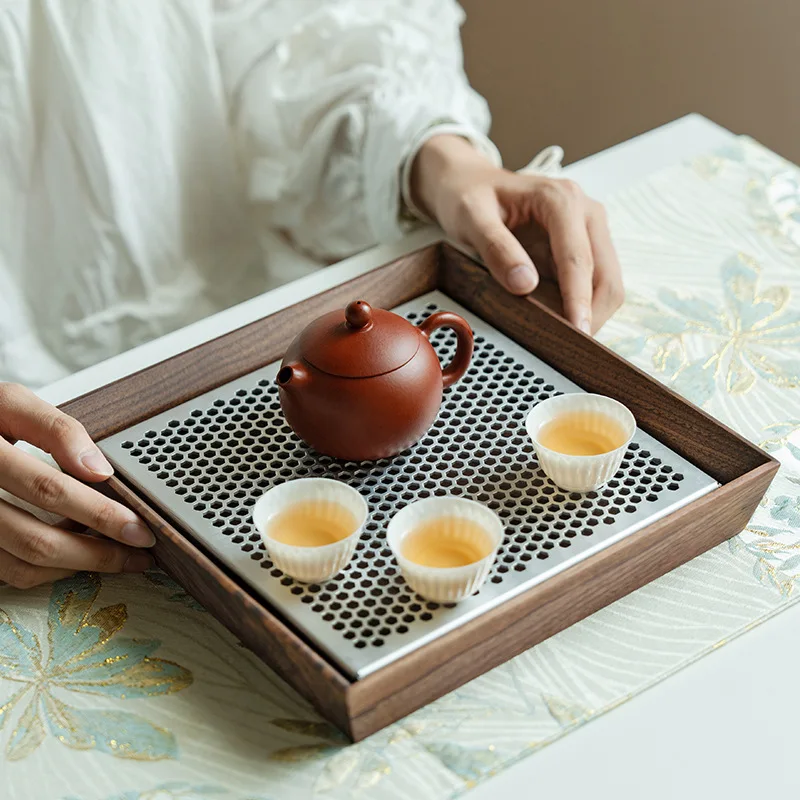 Walnut Aluminum Alloy Tea Tray Square 23.5 Light Luxury Small Household Tea Table Dry Tea Set