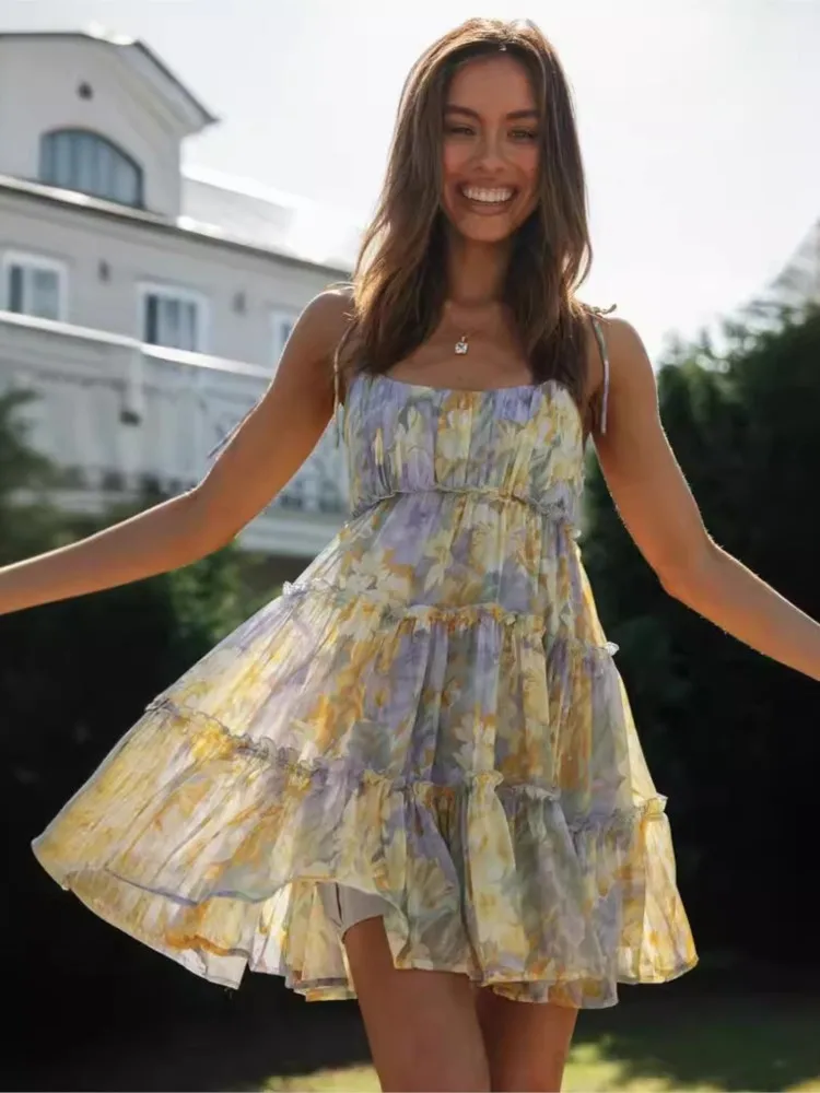 Bowknot Spaghetti pasek kwiat szyfonowe Mini sukienki moda damska seksowna Backless elegancka sukienka w stylu wakacyjnym kobieta nowe Vestidos