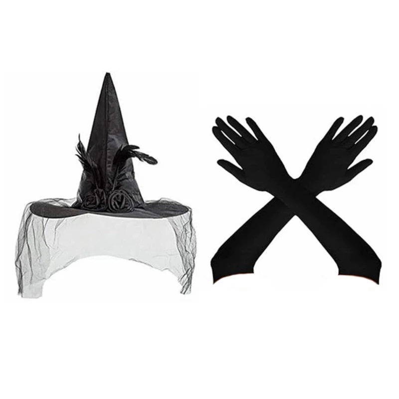 Witch Cloak Costume Witch Hat Glove Set Halloween Hoodied Cape Costume Witch Dress up Outfit for Teen Adult Cosplay