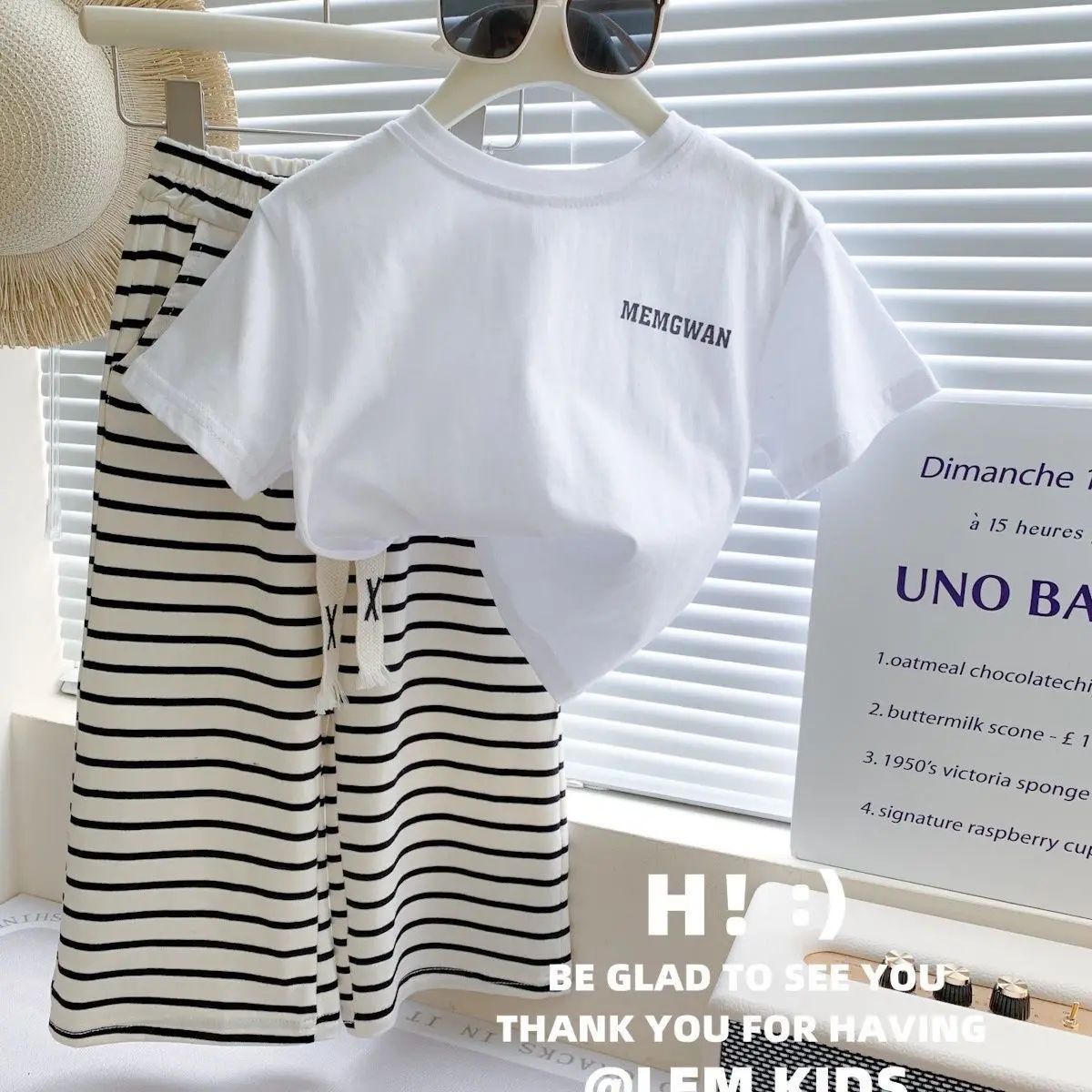 

Girls' Baby Clothes Set Summer New Children's Korean Letter Short Sleeve T-shirt Striped Wide Leg Pants Casual Set