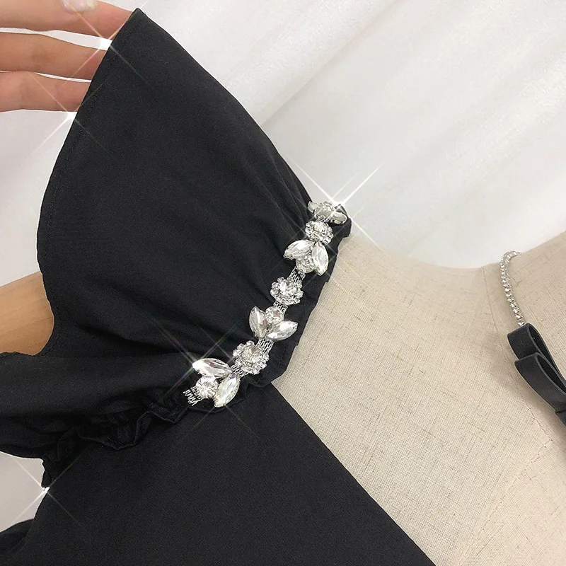 Heavy Industry Diamond Decorated Black Square Neck Cropped Shirt Women\'s Summer Elegant Temperament Waist Fold Bubble Sleeve Top