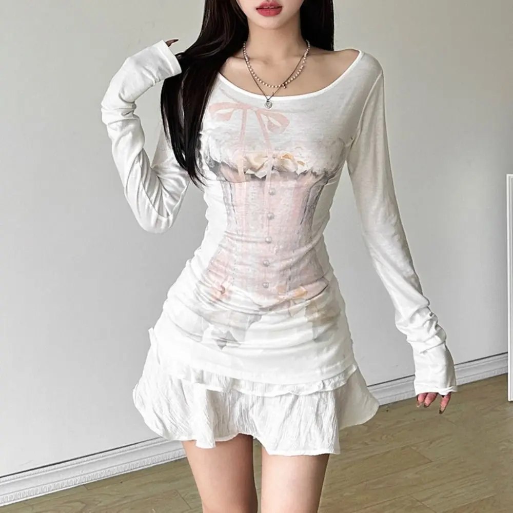 

Soft Slanted Neck Cat Print Shirts Top Thin Letter Long Sleeved T-shirt Cartoon Animal Ins Sweet T-Shirts Women Summer