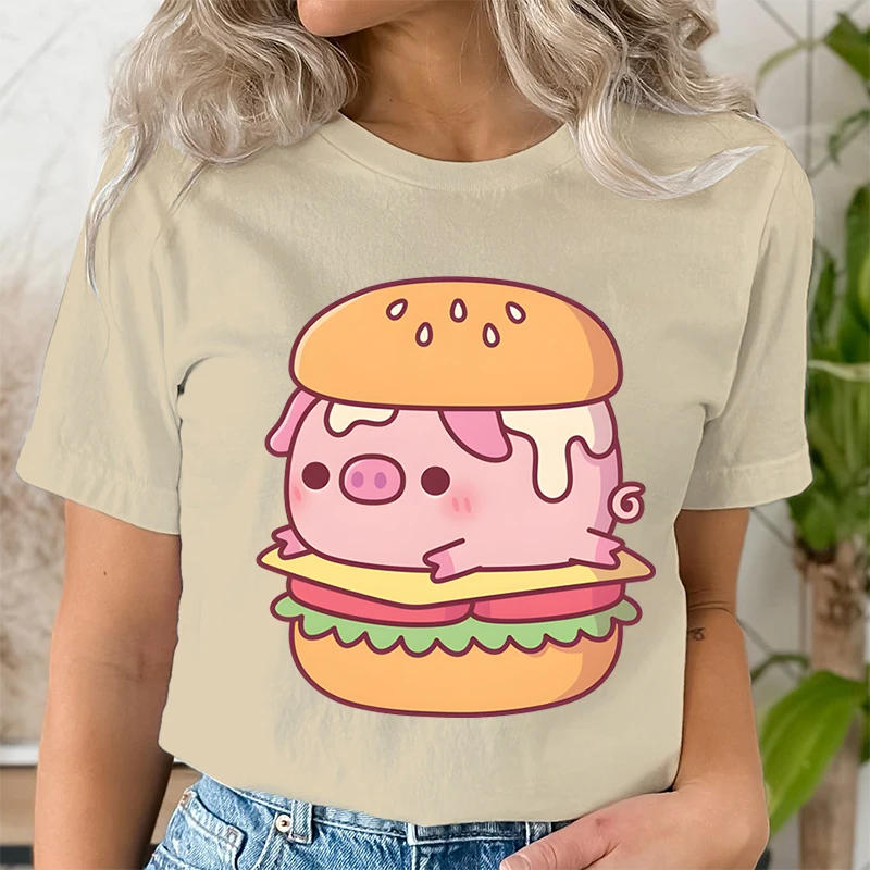 Harajuku Fashion T-shirts Aesthetic for Women Trend Casual Tee Clothes Female Clothing Funny Burger Pig Animal Print Tee Shirt