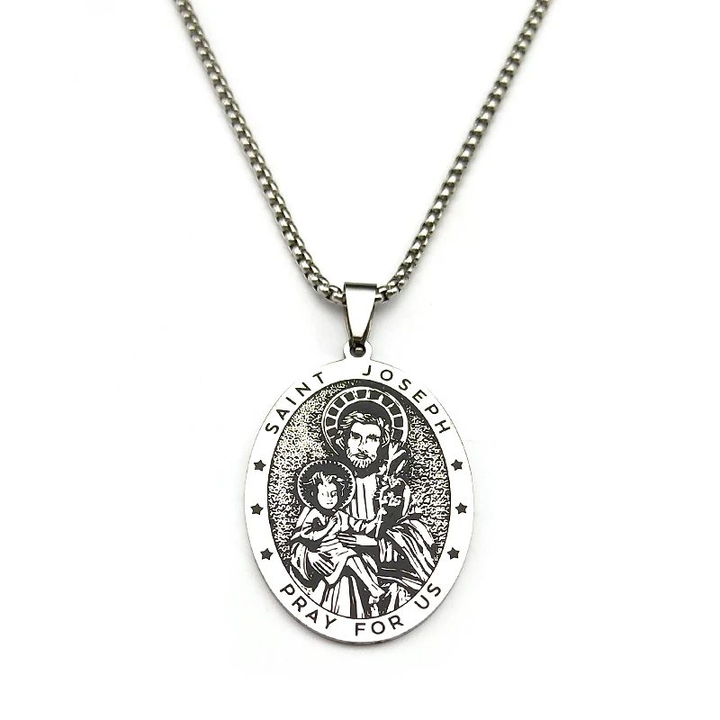 Saint Joseph Pray Us Pendant Necklace for Women Men Stainless Steel Silver Color Holy Family Catholic Chain Jewelry N2595-3S02 - Image 5