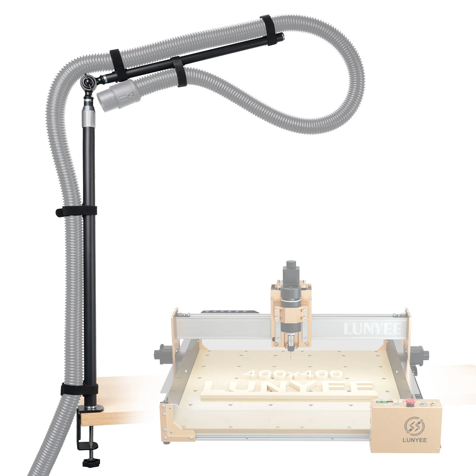 Dust Collection Boom Arm for CNC Router – Adjustable Clamp Mount Hose Holder for Desktop CNC Machines