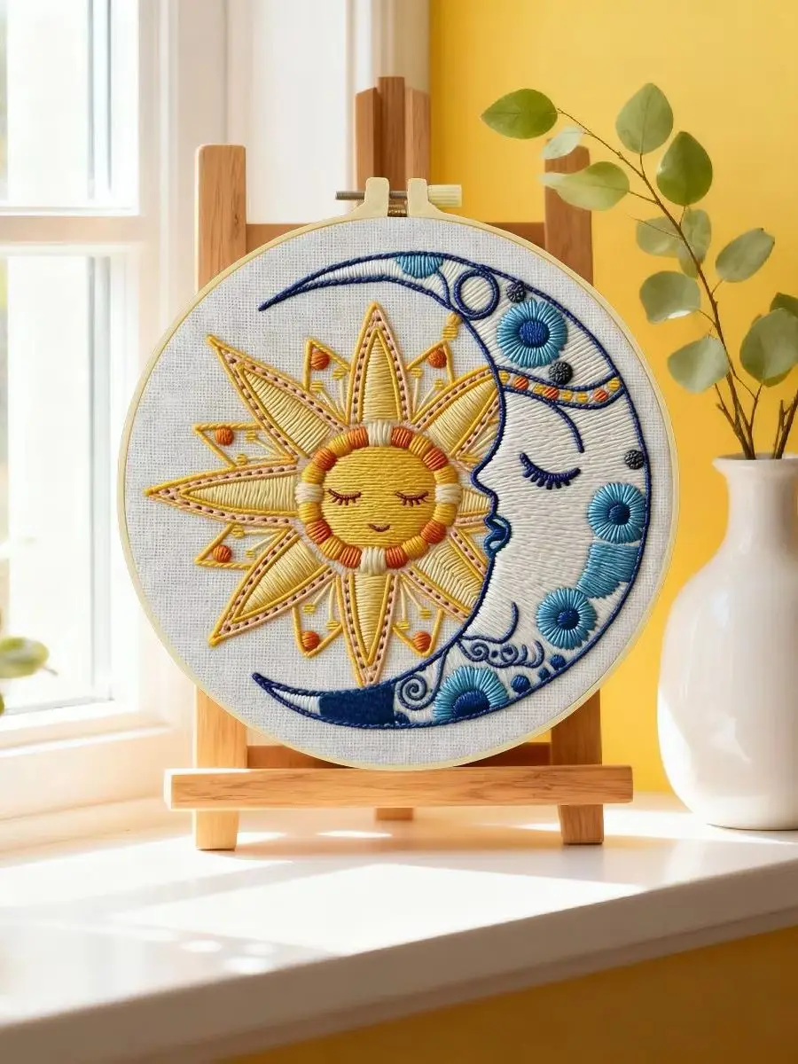 1 Stück 20X20CM/15X15CM 7,87/6,3 Zoll Sonne und Mond Stickerei Starter-Kit DIY-Kit DIY-Stickerei-Set Handarbeiten Nähkunst – Detail 6