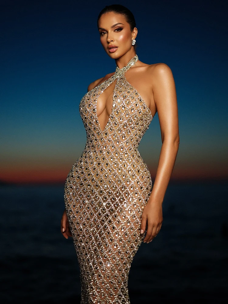 VC Beige Halter Mermaid Long Dress Key Hole Backless Sequins Sleeveless Celebrity Maxi Evening Party Gowns Vestidos