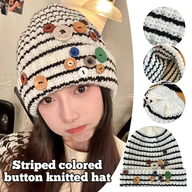

1 шт., японская полосатая шерстяная шапка с яркими пуговицами, вязаная шерстяная шапка для женщин, зима, подарок на Новый год 2022