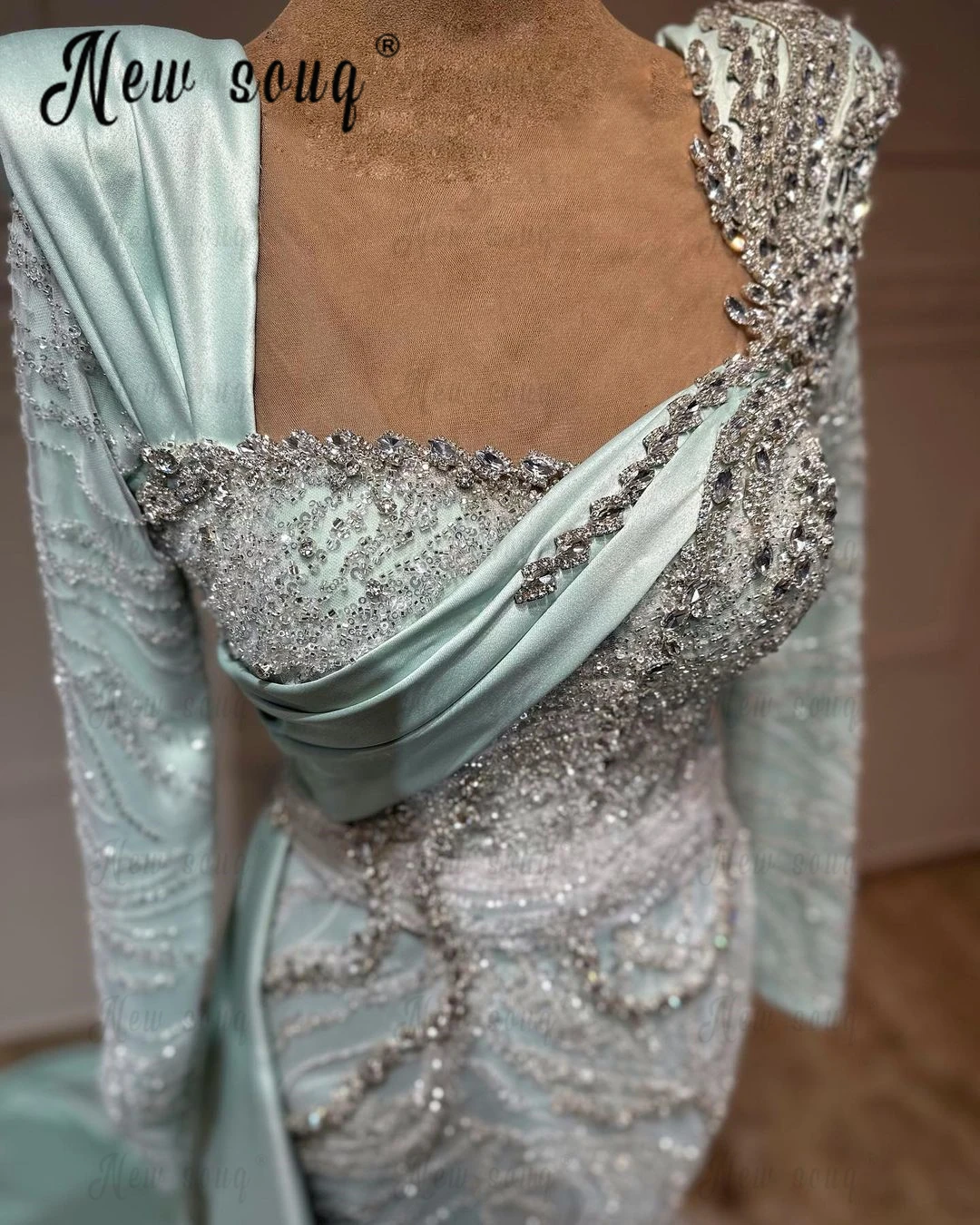 Robe de soirée turquoise à manches longues pour mariage, robes de Rhformelles, train latéral, mode arabe élégante, Dubaï, 2024