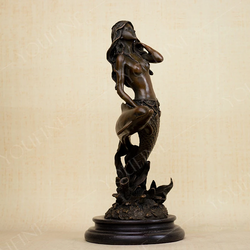 Bronze Mermaid with Dolphins Sculpture Mermaids Statues and Sculptures Beautiful Bronze Art Crafts For Home Decor Ornament Gifts