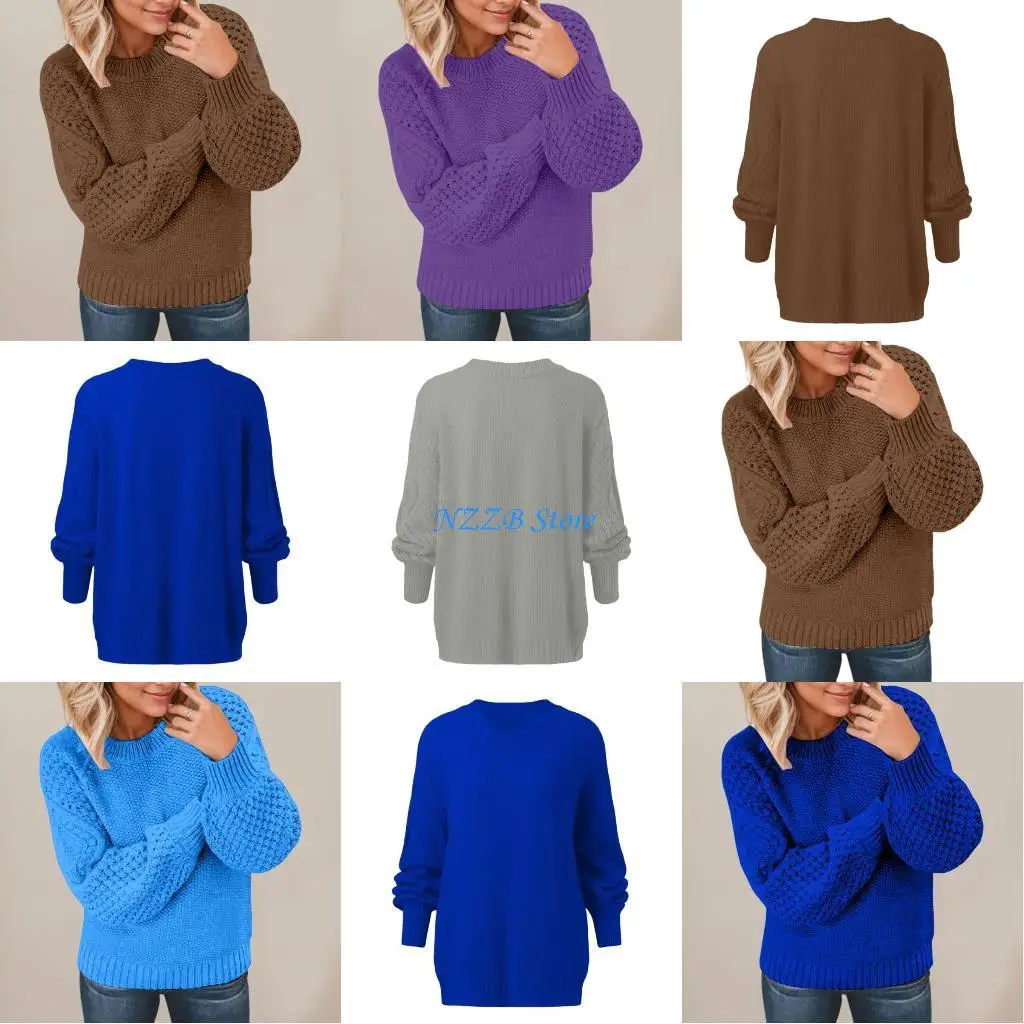 

T21F Womens Cable Knit Pullover Lantern Sleeve Crewneck Soft Loose Fit Winter Sweater