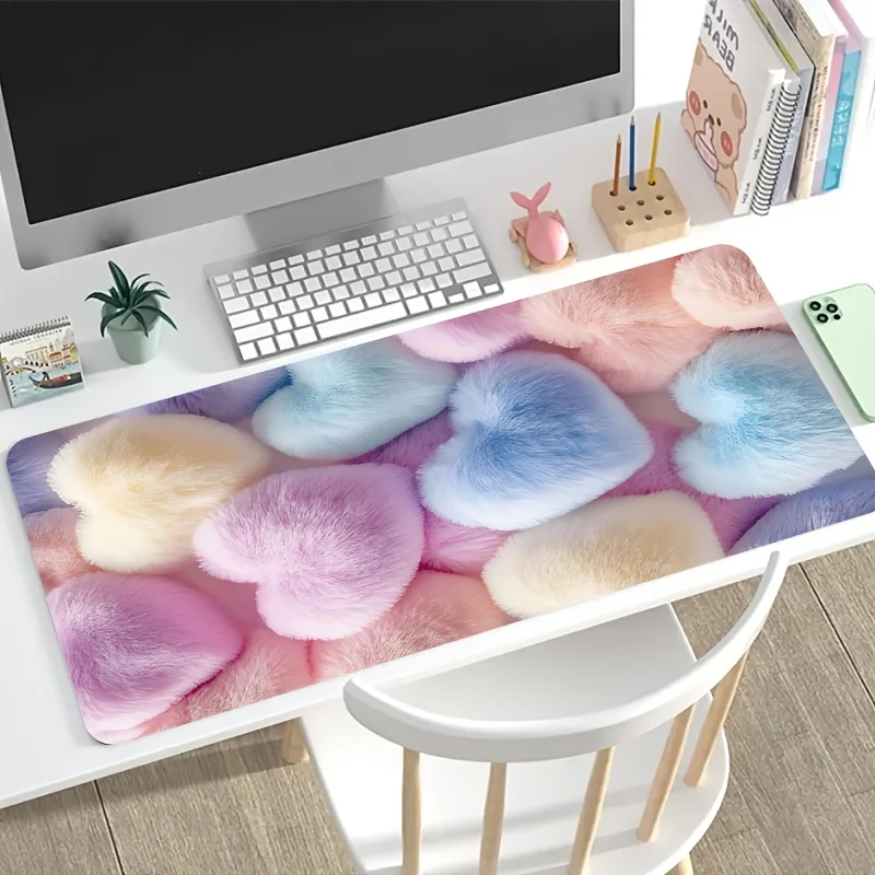 

Коврик для мыши Kawaii с пушистыми сердечками, розовый, с узором, большой игровой коврик для стола, с прошитыми краями, нескользящий, резиновый, для клавиатуры, офисные аксессуары