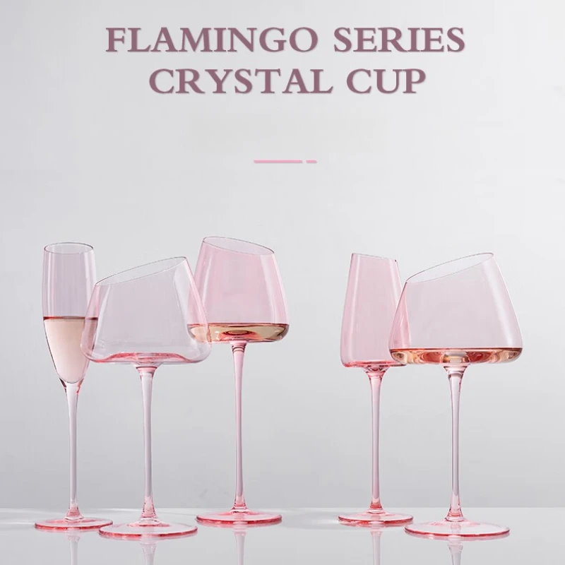 

French Pink Flamingo Red Wine Glasses Set Crystal Glass Goblet Creative Inclined Mouth Concave Bottom Champagne Whisky Wine Cup