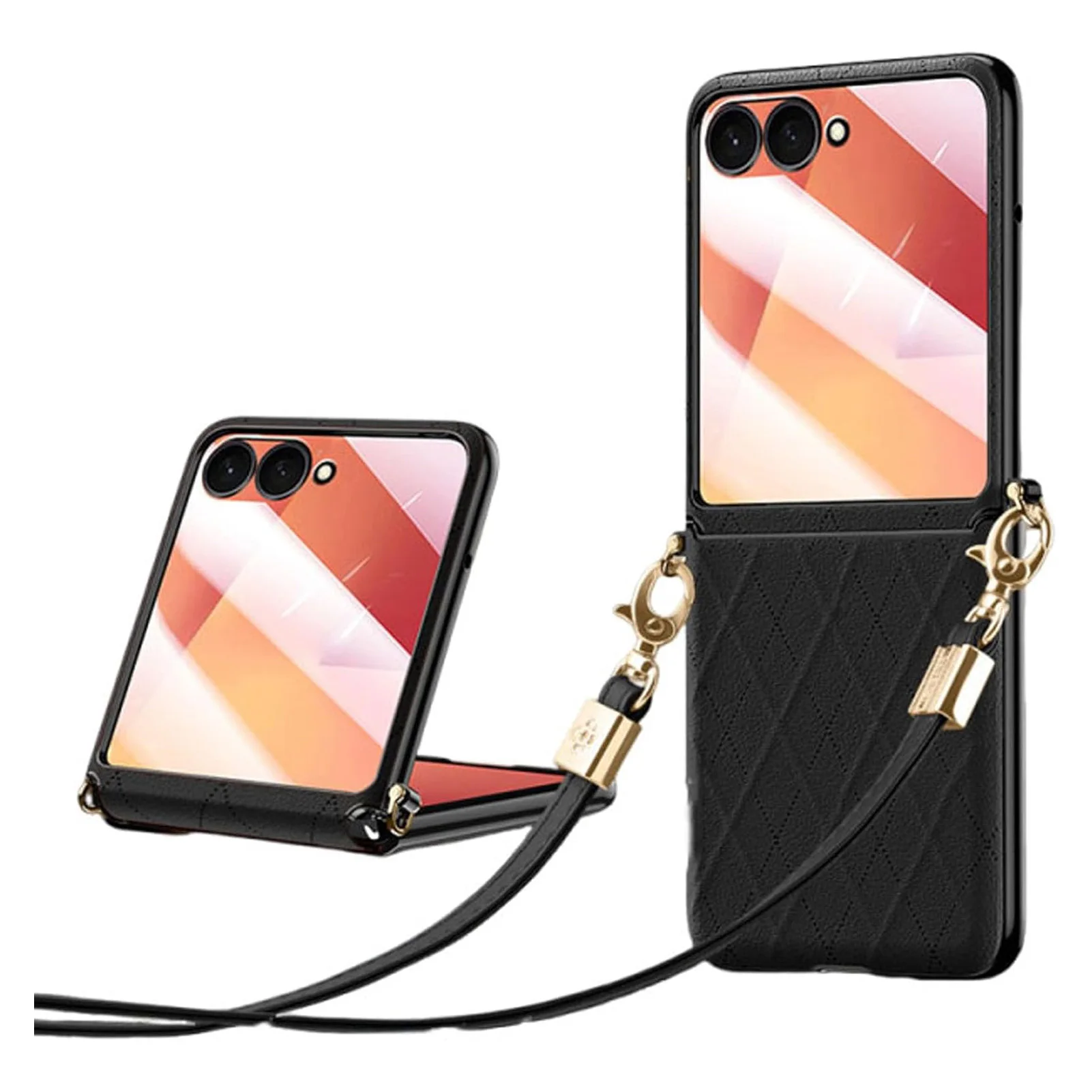 

For Samsung Galaxy Z Flip 7 6 5 Premium PU Leather Crossbody Phone Case with Detachable Strap Drop Tested Cover