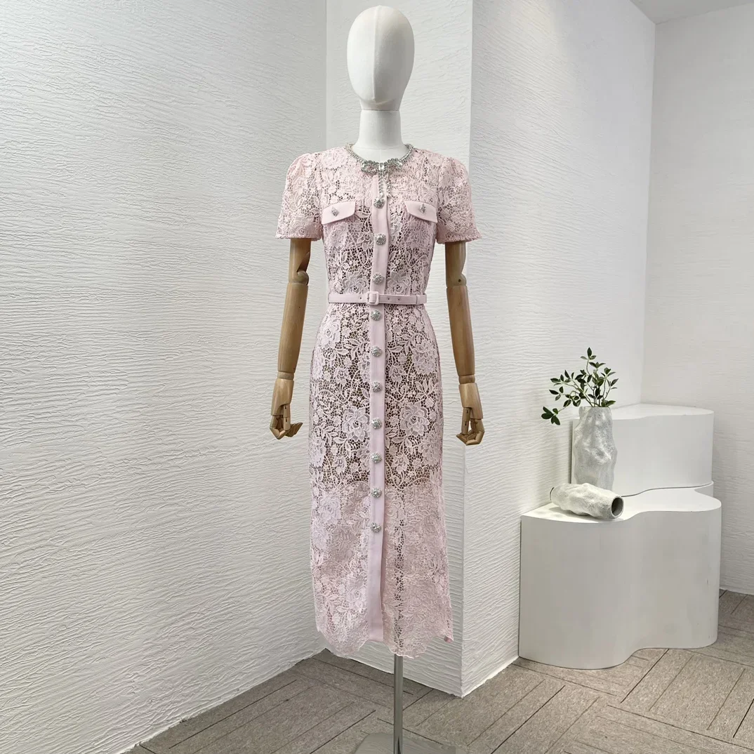 

Pink Lady Summer Holiday Lace Hollow Out Short Sleeve 2024 New High Quality Diamonds Belted Women Midi Dress for Party