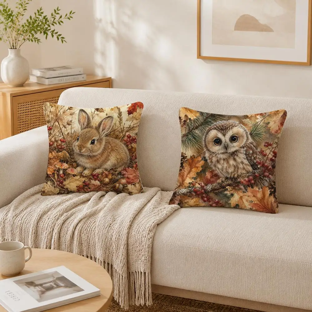 Adorable Forest Animal-Print Pillow Case Double-Sided Plush Sofa Cushion Covers Organic Breathable Invisible Zipper