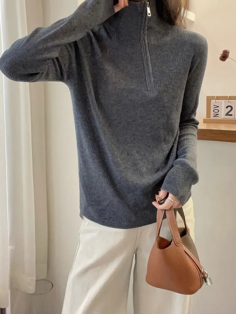 

Loose Casual High Ne Women's Camere Knitted Sweater Double Zipper Design Faionable Base irt Korean Sle Commute Wind