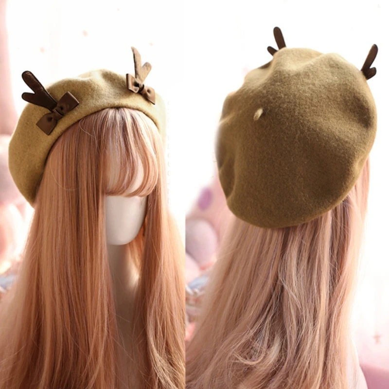 Women Kawaii Antler Beret Cap Christmas Cute Deer Antlers Wool Painter Hat Female Girls Vintage Lolita Warm Beanie Hat for Party