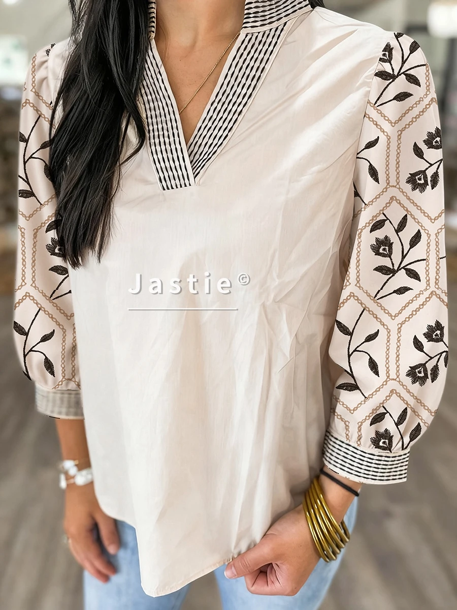 

Женская бежевая/зеленая блузка с v-образным вырезом и пышными рукавами 3/4, легкие повседневные/шикарные весенние рубашки в стиле бохо с цветочным принтом и геометрической отделкой, топы