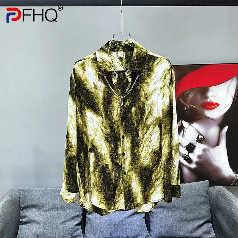 

PFHQ Summer Ink Painting Print Tops Male Chic Contrast Color Loose Long Sleeved Handsome Thin Men's Temperament Shirts 21Z4331