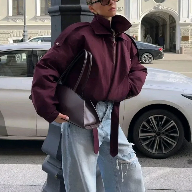 ゆったりフィットジッパーロングスリーブダブルカラージャケット新作秋レディースファッションポリエステル繊維レディースアウタートップ