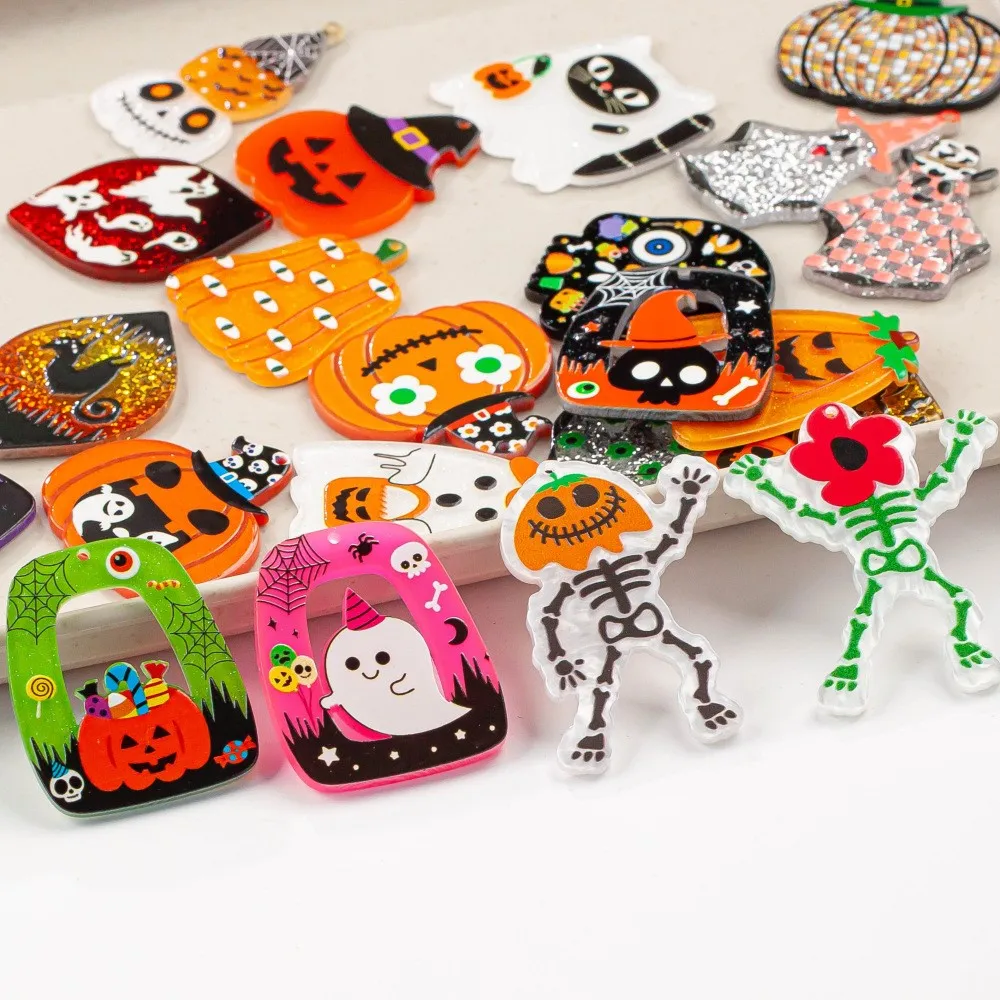 5pcs Halloween Spooky Charms Cute Ghost Pumpkin Acrylic Print Pendant For DIY Earring Necklace Bracelet Jewelry Making Supplies