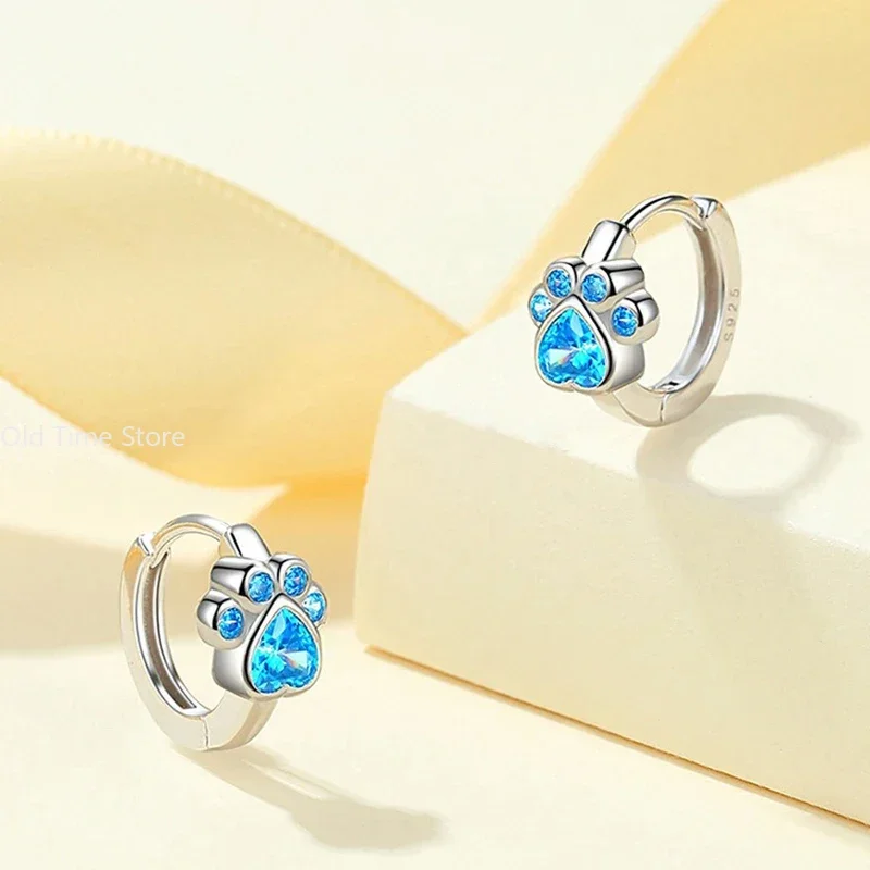 925 Sterling Silver Needle Colorful Copper Zirconia Cat Dog Paw Hoop Earrings for Women Birthday Party Wedding Gift Jewelry view 3